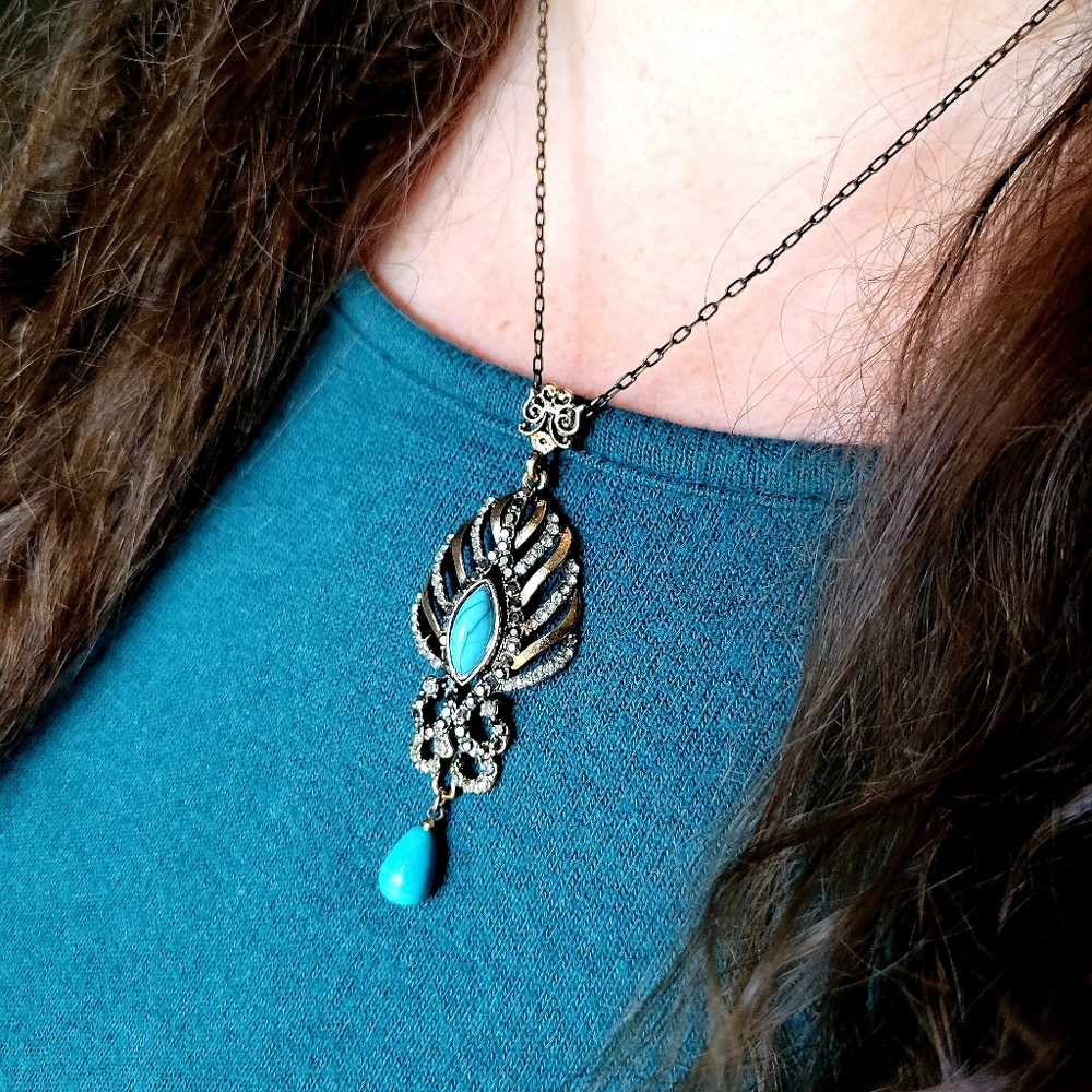 East of India Boho Turquoise Faux Bronze Pendant Crystal Gemstones Necklace - Picture 1 of 12